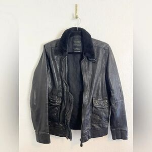 Allsaints Black Leather Bomber Aviator Flight Jacket with Shearling Collar Small